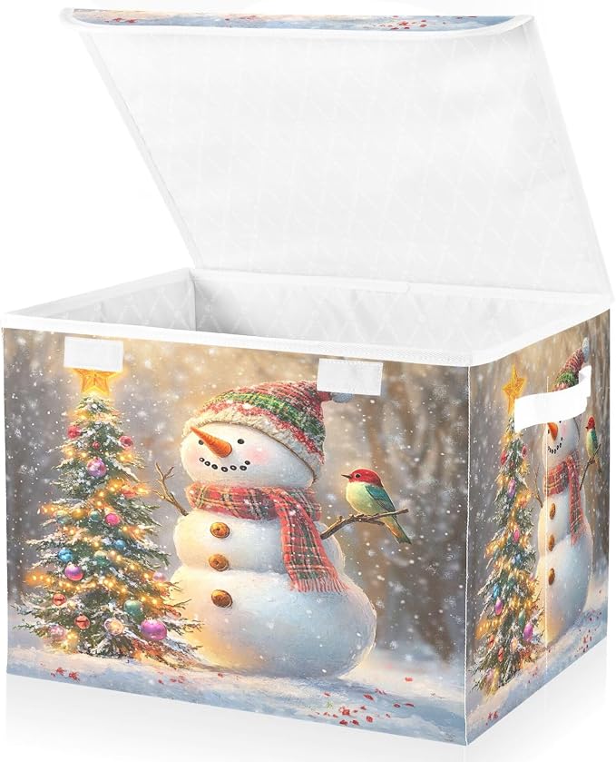 Whimsical Snowman Storage Bins with Lids and Carrying Handle,Foldable Storage Boxes Organizer Containers Baskets Cube with Cover for Home Bedroom Closet Office Nursery