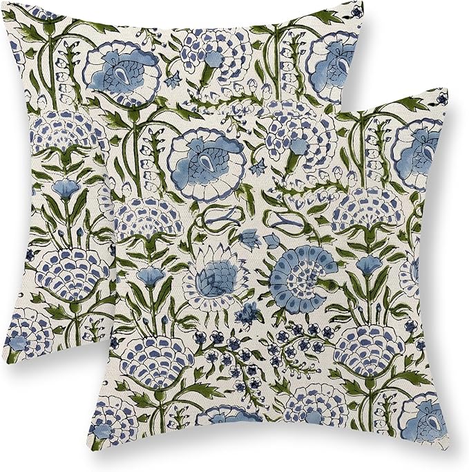 Boho Navy Blue Pillow Covers 18x18 Inch Set of 2 Blue Sage Green Floral Throw Pillows Vintage Flower Outdoor Decorative Pillow Cases Farmhouse Linen Cushion Cover Decor for Couch Sofa Decor