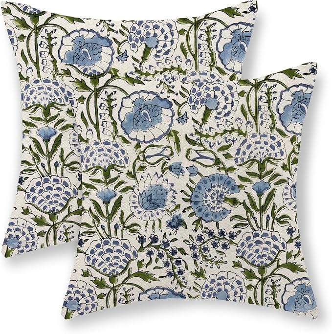 Boho Navy Blue Pillow Covers 20x20 Inch Set of 2 Blue Sage Green Floral Throw Pillows Vintage Flower Outdoor Decorative Pillow Cases Farmhouse Linen Cushion Cover Decor for Couch Sofa Decor