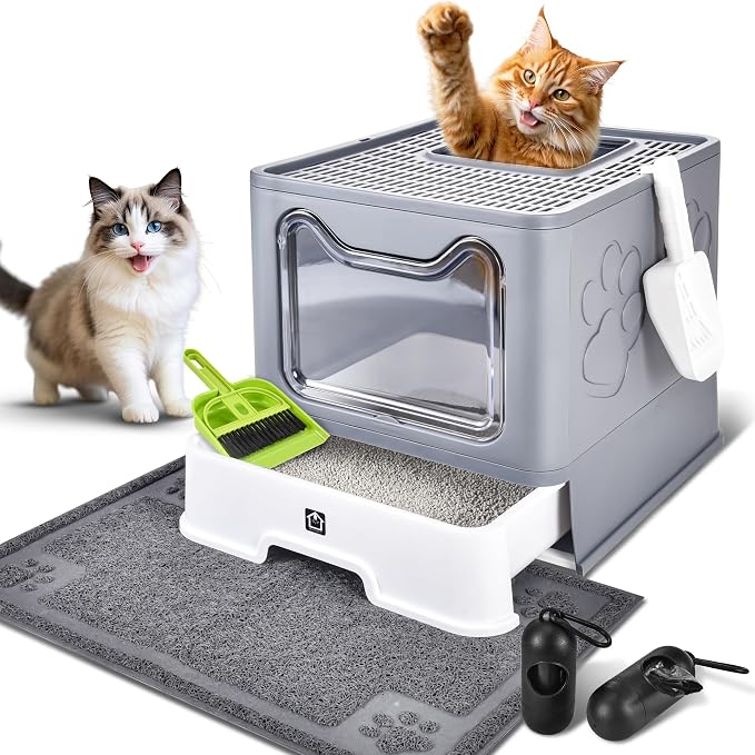 Covered Cat Litter Box, Extra Large Drawer Design with Dual Entry, Grey | 13L litter capacity, adjustable door, leakproof structure, cleaning accessories, complimentary cat litter mat