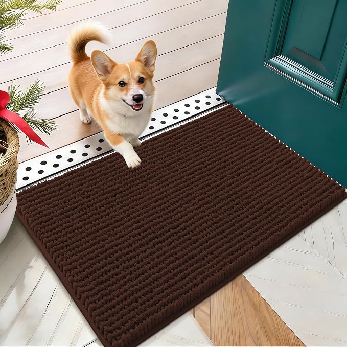 OLANLY Dog Door Mat for Muddy Paws 24x16, Extra Absorbent Chenille Mud Mat | Brown, Absorbs Moisture and Dirt, Non-Slip Machine Washable Doormat, Quick-Drying Indoor Entryway Floor Mat for Dogs