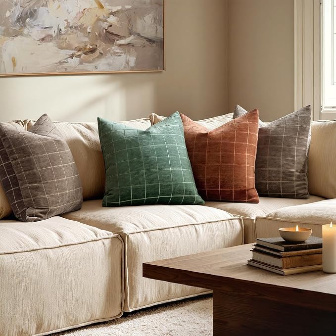 MIULEE Fall Burnt Orange Plaid Euro Throw Pillow Covers 24x24 Set of 2 | Vintage, Check Chenille Couch Pillows, Neutral Boho Farmhouse Cushion Covers, Modern Home Decor for Sofa Bed Living Room
