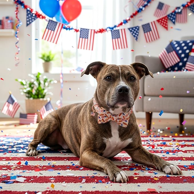 ADOGGYGO 4th of July Dog Collar with Bow Tie, Detachable Patriotic Hot Dog Print Bowtie, Adjustable American Flag Collar for Large Dogs (L)