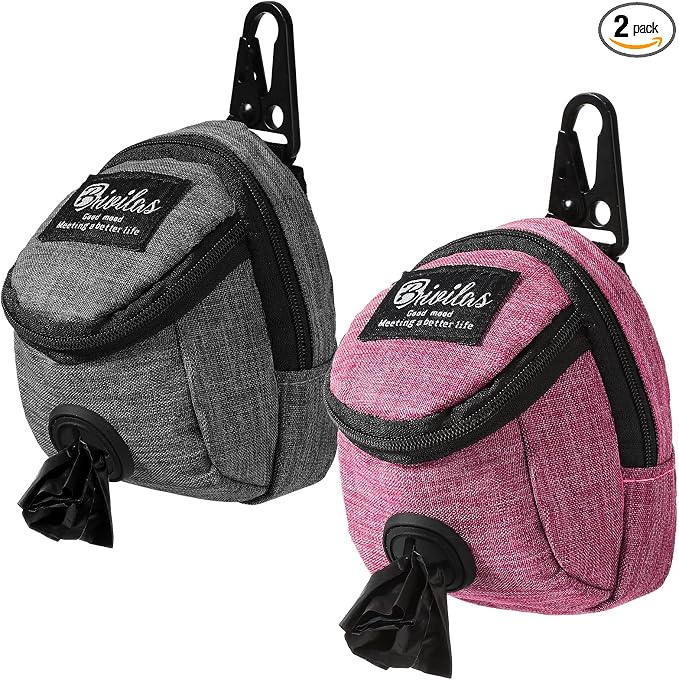 Talltalk 2 Pieces Dog Treat Pouch Pet Dog Poop Holder, Pink,Grey | Pet Waste Dispenser with Zipper Treat Pouch, Clip Attaches to Leashes, Hands-free Walks, Bottom Outlet for Quick Access