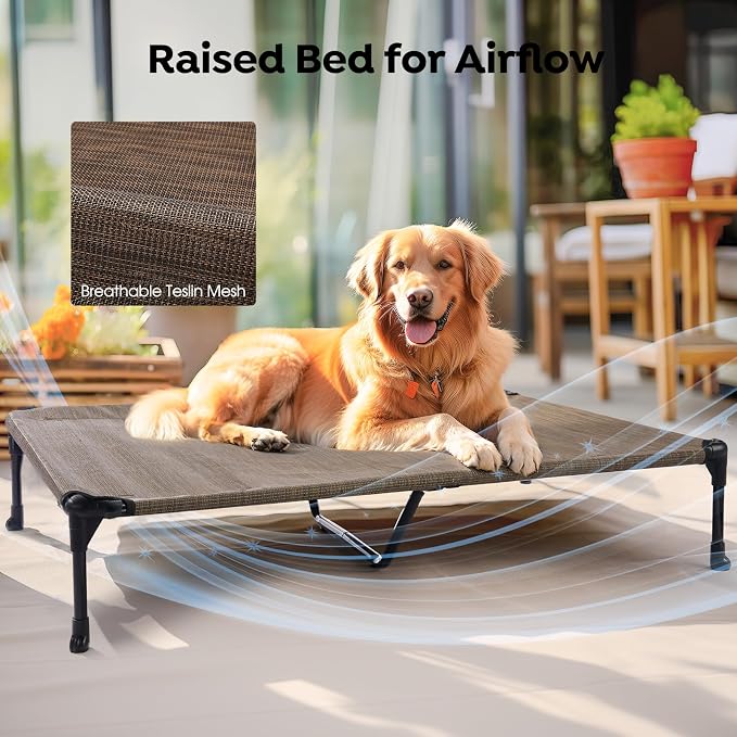 Veehoo Outdoor Elevated Dog Bed with Waterproof Bolster Cushion, Cooling | Raised Dog Bed with Removable & Washable Mat Topper, Breathable Mesh, Dog Couch Cot for Indoor Outdoor, 49", Large, Brown