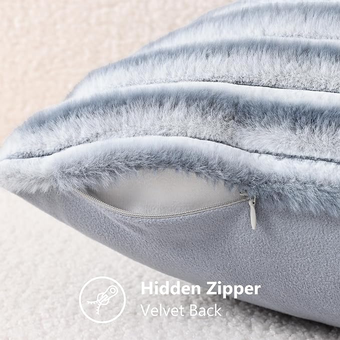 decorUhome Fall Faux Fur Throw Pillow Covers 24x24 Set of 2 Grey White | Decorative Soft Cozy Striped Plush Modern Farmhouse Boho Couch Pillow Cases Velvet Back for Sofa Bed Living Room Home Decor