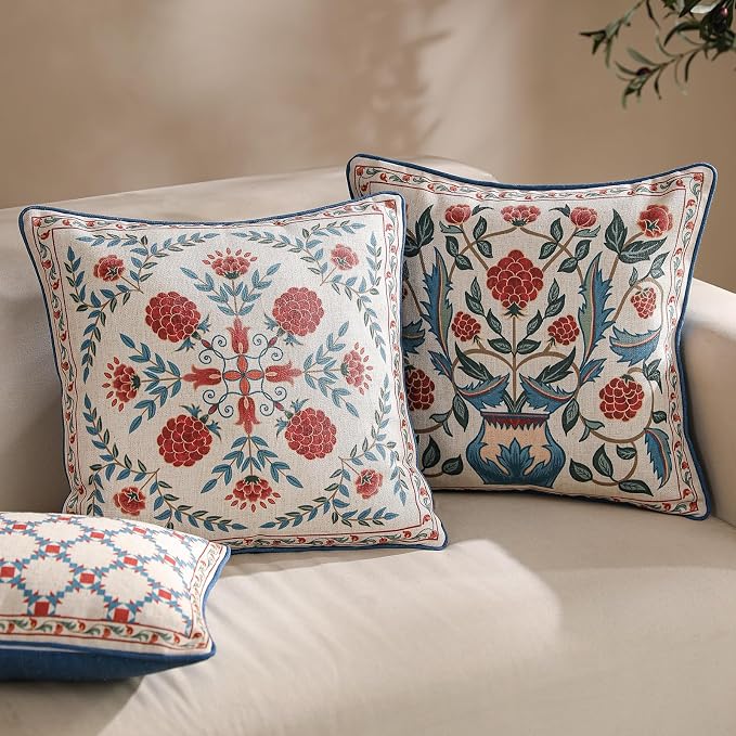 patdrea Designer French Vintage Linen Throw Pillow Cover,18"x18"-Puno A | Elegant Decorative Pillow Case with Zipper,Elegant Floral Pattern,Pillow Cover for Couch Living Room Bedroom Sofa