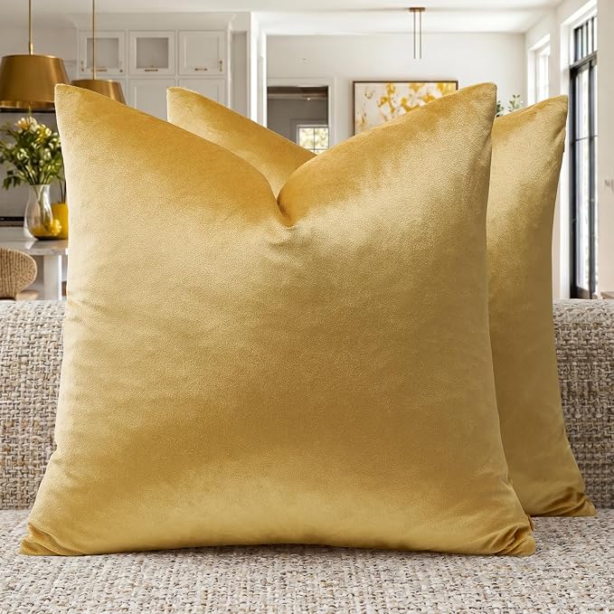 GIGIZAZA Yellow Velvet Pillow Covers 20x20 Decorative Pillows Pack of 2 | Throw Pillows for Couch Sofa,280gsm Soft Textured Fabric,Modern Square Pillowcases,Luxury Cushion Covers