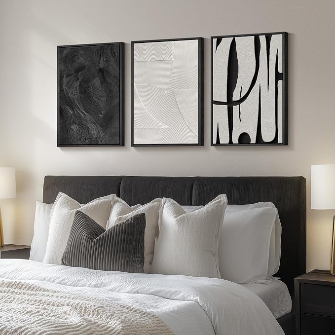Framed Black and White Abstract Wall Art, 3 Piece Modern Canvas Prints Paintings Art for Walls, Minimalist Black White Abstract Pictures for Living Room Bedroom Dining Room Office Wall Decor 16x24 In