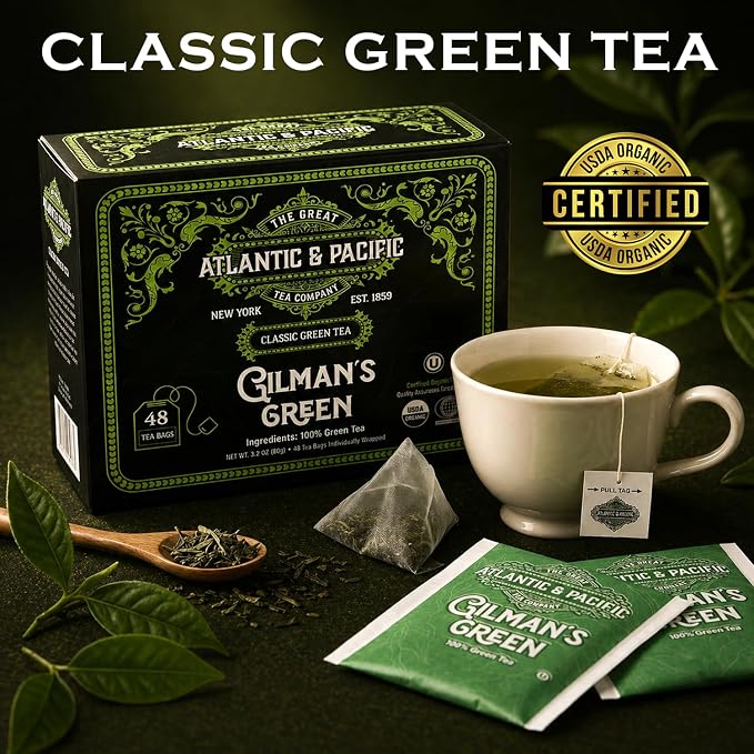A&P Coffee Gilman’s Organic Green Tea Bags, 48 Count, Smooth Flavor Green Tea, Naturally Caffeinated, Rich in Antioxidants, Fresh Aroma, Premium Green Tea, Hot or Iced Tea