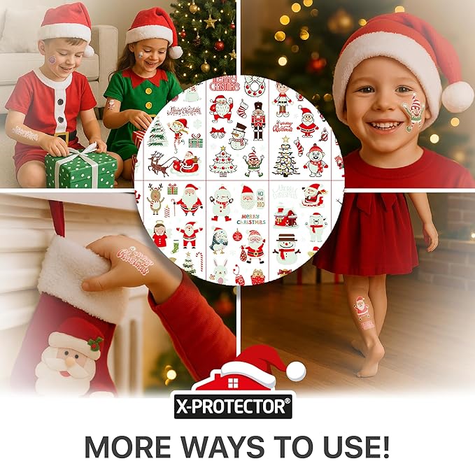 X-Protector Сhristmas Tattoos for Kids - 10 Sheets of Temporary Tattoos - Fake Сhristmas Tattoos Gifts - Glow in the Dark Stickers - Bulk Christmas Stocking Stuffers for Kids!