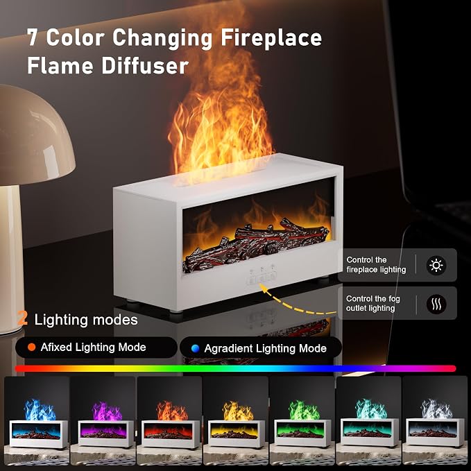 Fireplace Flame Air Diffuser Humidifier | 7 Colors Aromatherapy Oil Diffuser, Ultrasonic Aroma Humidifier with Remote Control & Timer for Bedroom Home Office Yoga