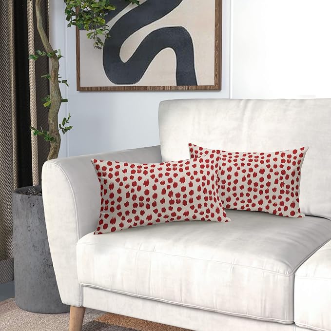 Red Cream Pillow Covers 12x20 Set of 2 Boho Design Polka Dot Throw Pillows Modern Brush Strokes Print Decorative Outdoor Pillowcase Lumbar Cushion Cover Linen Pillow Case for Home Sofa Couch Bed