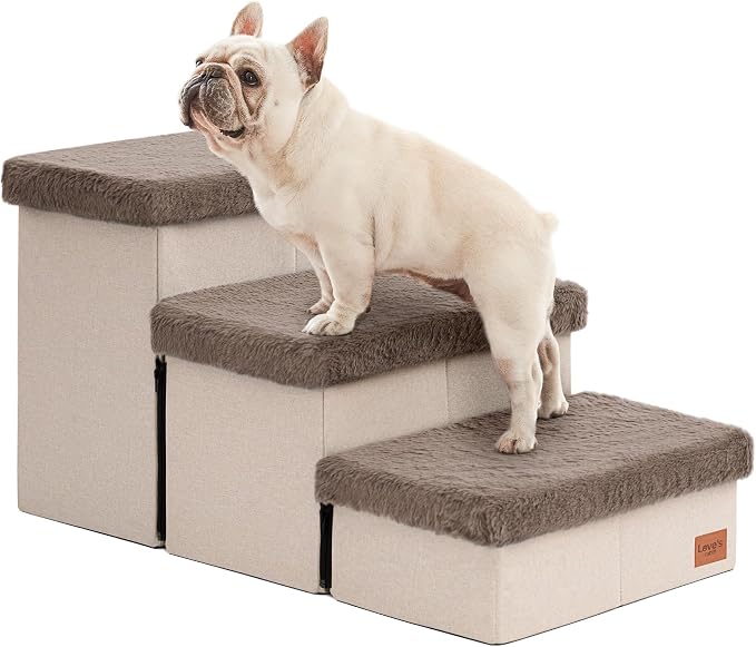 Love's cabin Dog Stairs for High Bed, Foldable Pet Stairs for Small Medium or Large Dogs Puppy with Storage for Bed or Couch, Cat Dog Steps Ramp with Zip up to 200 lbs, Brown, 3 Steps