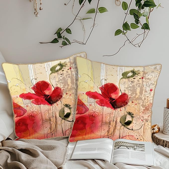 KSLIDS Red Poppy Flower Soft Velvet Throw Pillow Covers Set of 2 Watercolor Art Flower Decorative Pillow Covers 20x20 Inch Retro Beige Pillow Case for Sofa Couch Living Room Farmhouse Home Decor