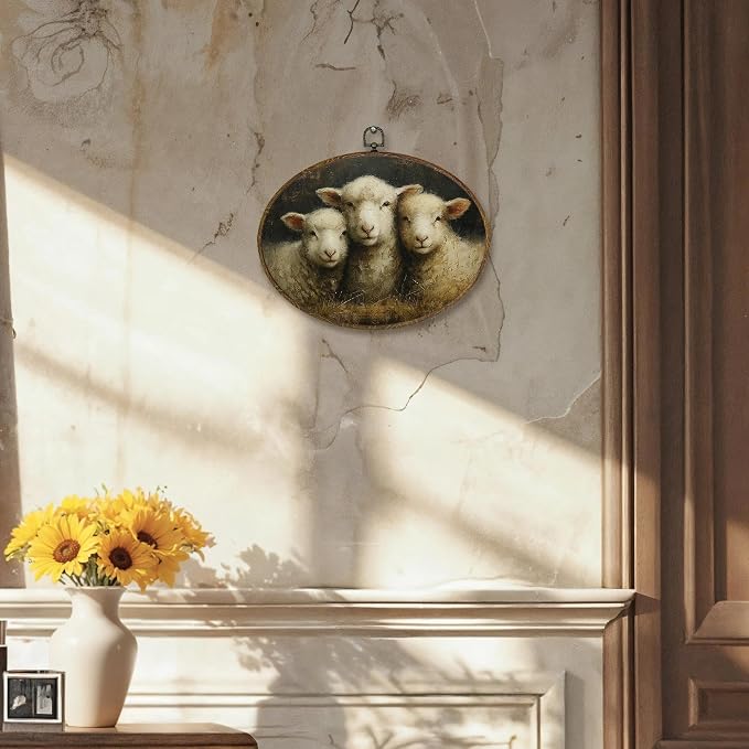 LKETW Vintage Sheep Oval Wall Art Decor, Neutral Cottagecore Lamb Oval Canvas Hanging Decor, Rustic Farmhouse Animal Wall Decorations For Home Living Room Farmhouse Gallery, 11.4x8.6 Inch