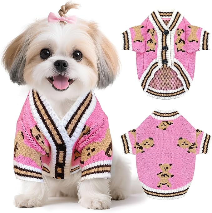 Small Dog Sweaters Cute Bear Knitted Dog Cardigans Clothes for Small Medium Dogs Soft Pet Puppy Cat Knitting Outfits Fall Winter Warm Boy Girl Dogs Knitwear Coat Apparel(Pink, X-Large)