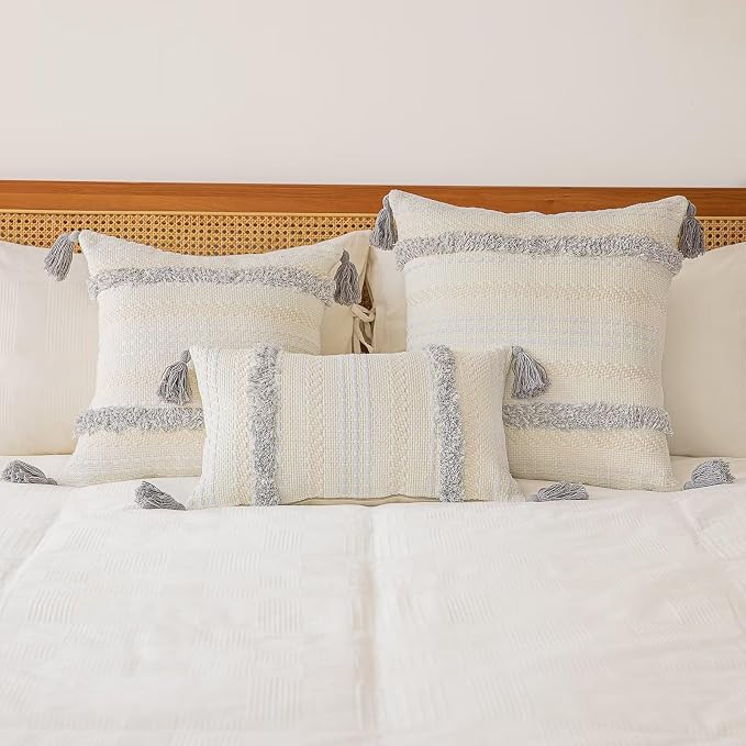 BUIOVBEY Boho Throw Pillow Covers Woven Tufted Pillow Cases with Tassels | Farmhouse Pillow Covers 12x20 Set of 2 Textured Striped Cushion Case Neutral Decorative Pillowcase for Sofa Couch Light Grey
