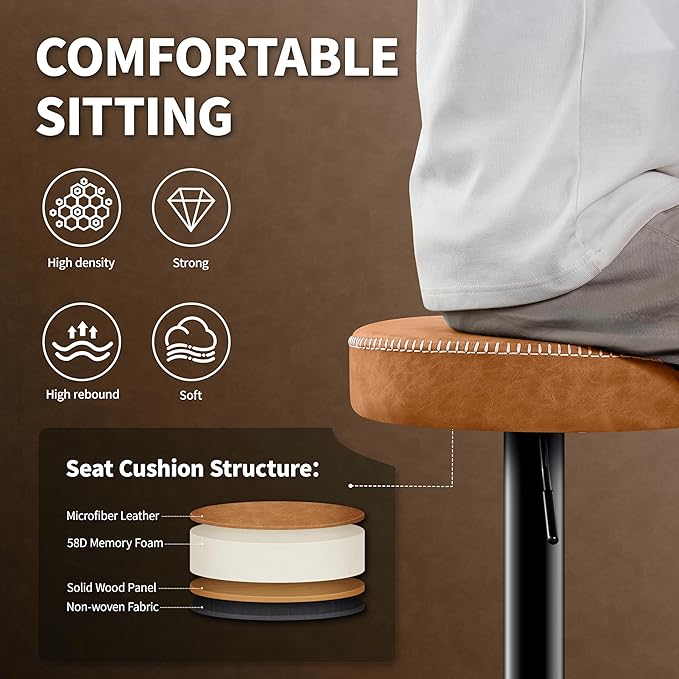 Tall Bar Stools Set of 2 Modern Microfiber Leather Bar Height Stools with Round Seat 360° Swivel Backless Counter Stools Adjustable Barstools for Kitchen Island Pub Brown(24-33 Inch,330lbs)