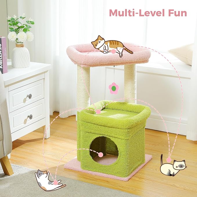 PEQULTI Indoor Cat Tree Tower Small Cats, Sisal Post & Cozy Condo, Pink | Private soft cat condo, soft top perch, natural sisal scratch posts, plush pom-pom toy for indoor kitties