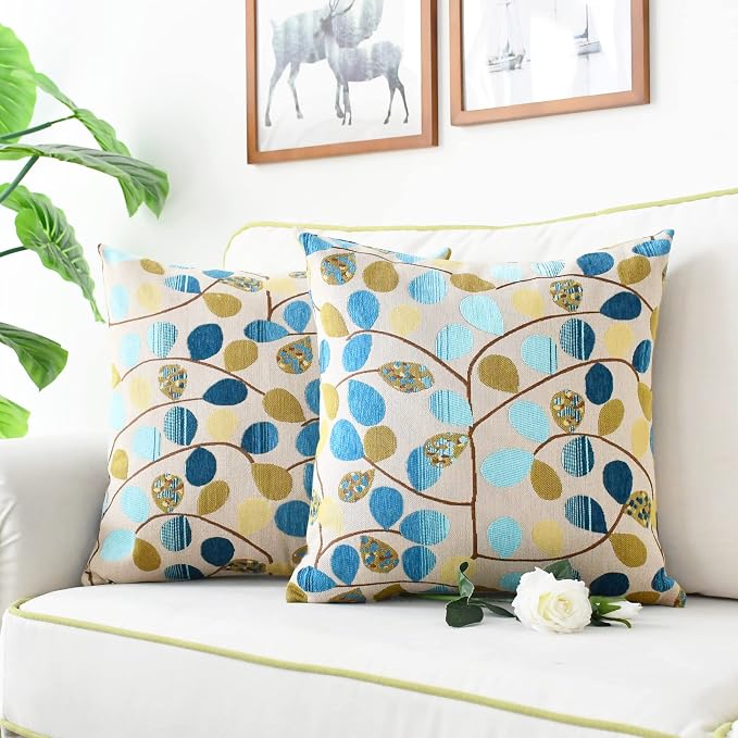 CaliTime Decorative Throw Pillow Covers 20 X 20 Inches Ecru Blue | Luxury Chenille Cute Leaves Cushion Case Shell for Couch Sofa Bed Living Room Home