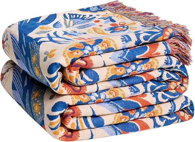 LUTBM Boho Throw Blanket for Couch 50"x60", Cotton Decorative Bed Throw | Reversible Floral Bird Jacquard, All-Season Muslin Blankets, Lightweight Breathable Gauze, For Chair Sofa Living Room Decor