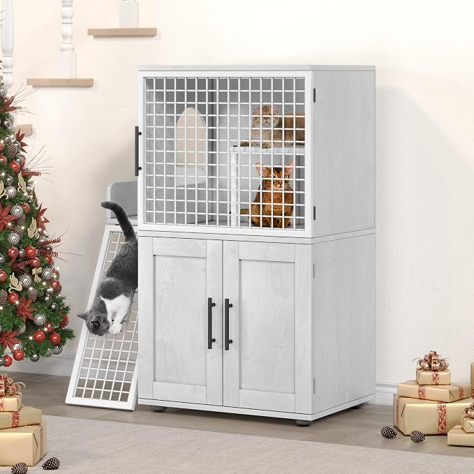IDEALHOUSE Cat Litter Box Enclosure with Double Layer, White | Double Layer Cat Litter Box Furniture with Ladder, Creates a Private Cat Space While Keeping Living Rooms Clean and Organized