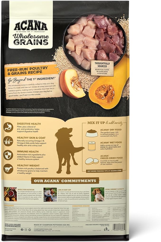 ACANA Wholesome Grains Dry Dog Food Poultry & Grains Recipe 32lb Bag | High Protein, Made in the USA, Includes Probiotics, Free-Run Poultry, Global Quality Ingredients