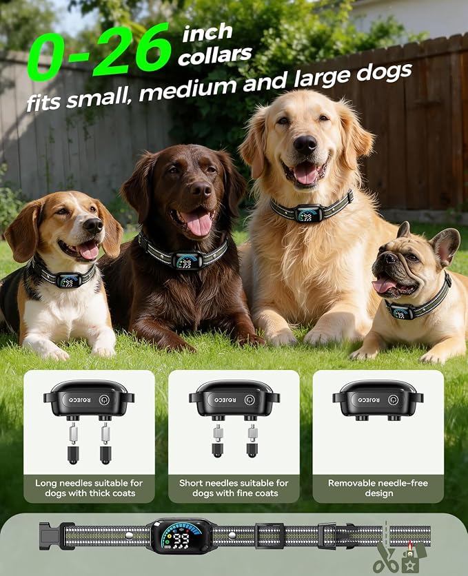 ROJECO 2-in-1 Dog Shock Collar & Dog Bark Collar,Smart Anti-Barking | 3300FT Remote/IPX7 Waterproof/Beep,Vibration,Shock Modes/LED Light/TypeC Rechargeable/for Small Medium Large Dogs/Green