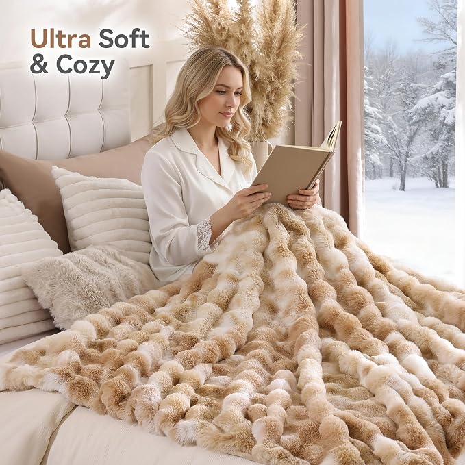 Faux Fur Throw for Couch - Tie-dye Camel Bubble Blanket 50"x60" | Fluffy Plush Fuzzy Throw for Sofa & Bed, Super Soft Cozy Comfrt Blanket, Luxury Aesthetic Camel Decor Gift for Women