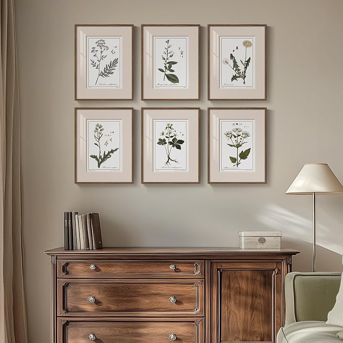 Framed Vintage Botanical Wall Art, 6 Piece Rustic Floral Canvas Painting Prints Artwork for Kitchen Walls, Neutral Flower Pictures for Living Room Bedroom Dining Room Farmhouse Wall Decor, 11x14