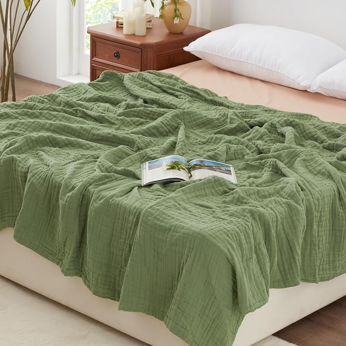 Love's cabin 100% Cotton Muslin Blanket, 6 Layer Lightweight Breathable Gauze King Size Blanket 108 x 90 Inches, Soft Summer Blanket for Bed, Sage Green