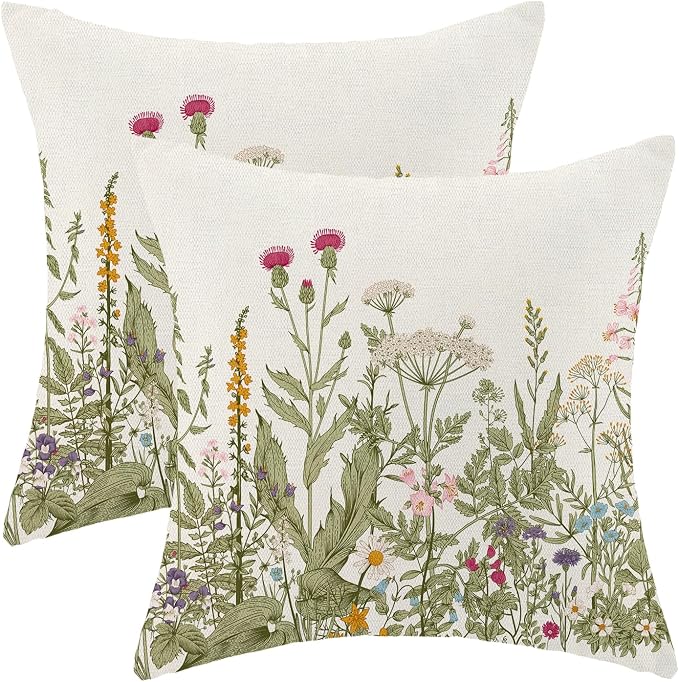 AEIOAE Sage Green Pillow Covers 18x18 Inch Set of 2, Spring Wildflower Plant Throw Pillows Case,Seasonal Floral Outdoor Decorative Flowers Farmhouse Decor Cushion Covers for Home Sofa Bed Couch
