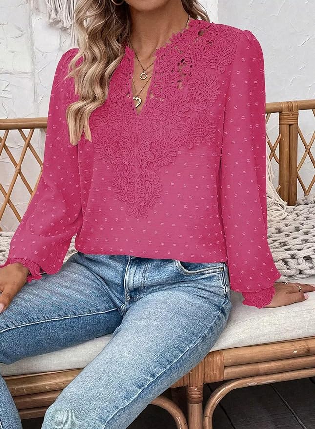 Womens Tops Swiss Dot Boho Long Sleeve Shirts V Neck Casual Chiffon Blouses Flowy Lace Hem Cute Clothing Trendy 2026