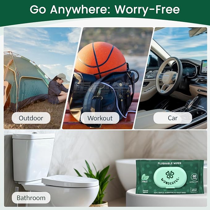 WONDERFUL Flushable Wipes, Mint 100% Plant-Based Wet Butt Wipe for Adults & Kids, Sewer Septic Safe, Gentle for Sensitive Skin, Wipes Flushable Pack for Bathroom & Travel, 6-Pack (360 Count)