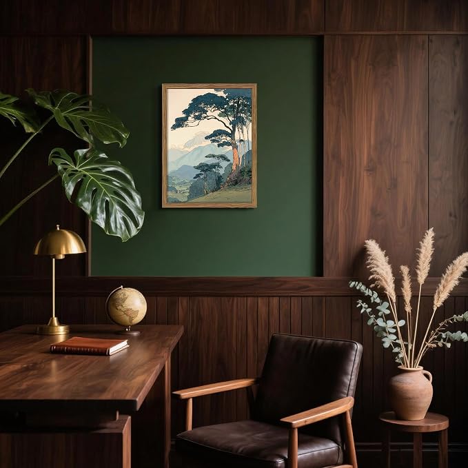 Vintage Japanese Forest Framed Canvas Wall Art – Tranquil Mountain Landscape Painting Print, Retro Nature Tree Scene Decor for Living Room Bedroom Nursery Office Home 16x24 inch