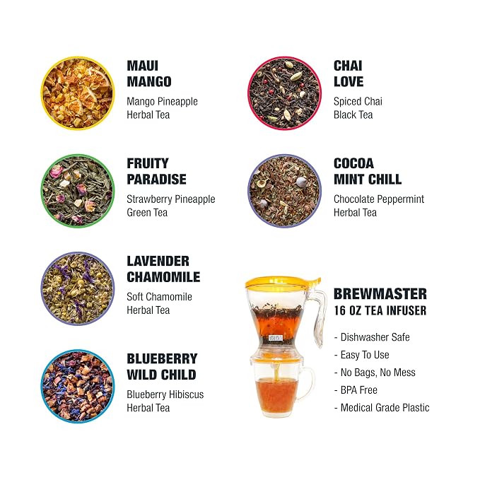 Tiesta Tea Ultimate Live Loose Leaf Kit, Tea Starter Kit with High to Non-Caffeinated Blends, Hot & Iced Brews, Includes Black, Green, Herbal Sample Bags and 16oz Brewmaster Dispensing Infuser