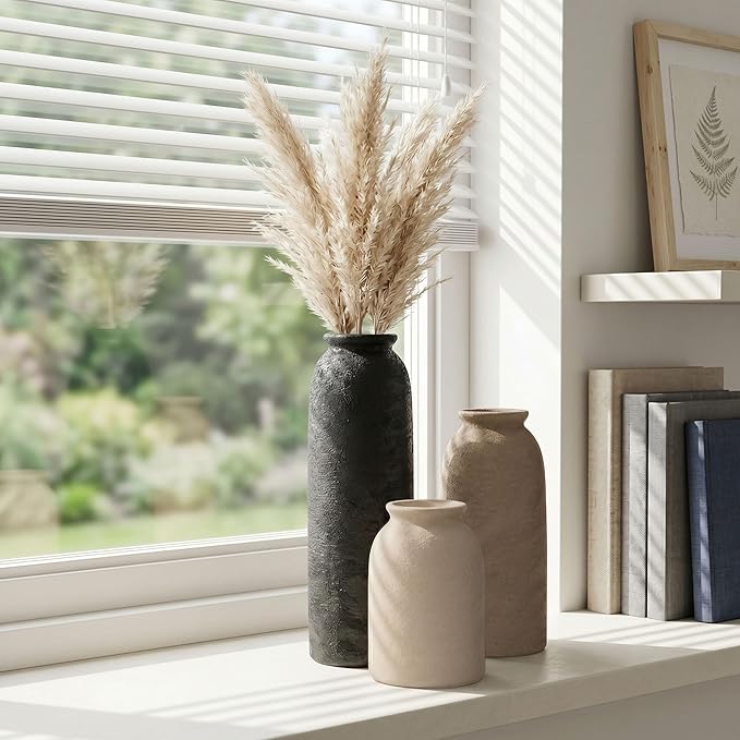 Ceramic Vase Set of 3, Small Flower Rustic Vase Home Decor Neutral Modern Farmhouse Boho Pampas Pottery Vases Decorative Centerpiece for Table Mantel Shelf Living Room Kitchen Bathroom