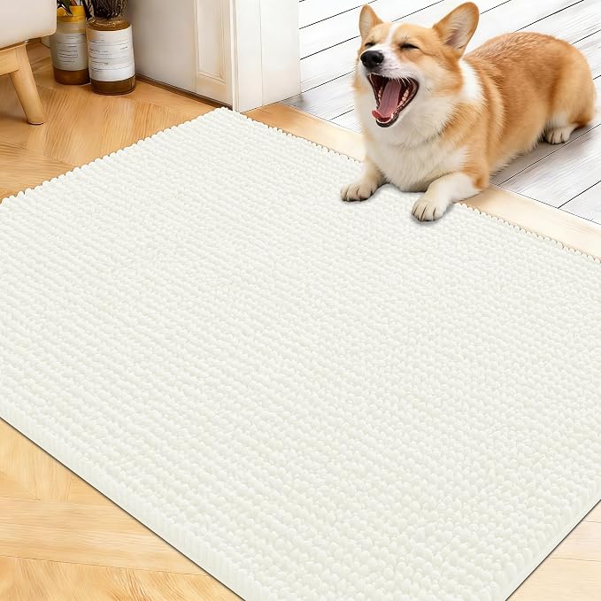 OLANLY Dog Door Mat for Muddy Paws 40x32, Extra Absorbent Chenille Mud Mat | Ivory, Absorbs Moisture and Dirt, Non-Slip Machine Washable Doormat, Quick-Drying Indoor Entryway Floor Mat for Dogs