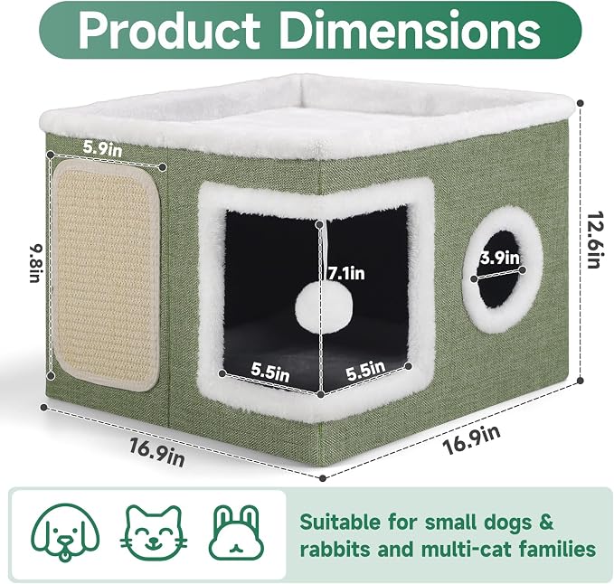 Shikha Cat House Bed for Indoor Cats with Fluffy Ball and Scratch Pad Green | Foldable Large Cat Cave Hideaway with Cozy Condo, Hide and Seek Window, Holds Up to 30LBS, All Season Reversible Cushion