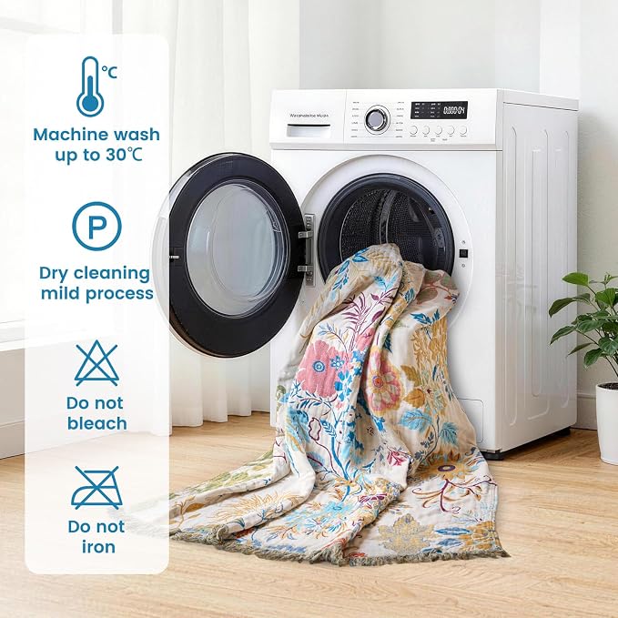 MSGKV Boho Throw Blanket 60"x80" 100% Cotton Floral Muslin Twin Blanket | 100% Cotton Throw, Twin Size Blanket, Reversible Woven, Summer Breathable, Farmhouse Decor, All Seasons, Machine Washable