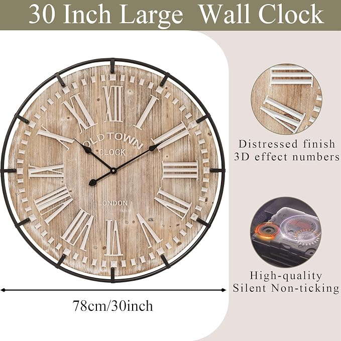 EMAX HOME 30 Inch Extra Large Wall Clock - Farmhouse Rustic Wood & Metal Design Silent Non-Ticking Battery Operated Decorative Oversized Clock for Living Room, Kitchen, Office & Bedroom