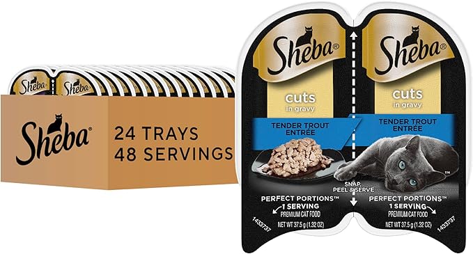 Sheba Perfect Portions Cuts Wet Cat Food, Tender Trout, 2.6 oz, 24 ct | Grain-free, real trout, 48 servings, snap-peel-serve twin-pack trays, no corn or soy, no fillers or artificial flavors