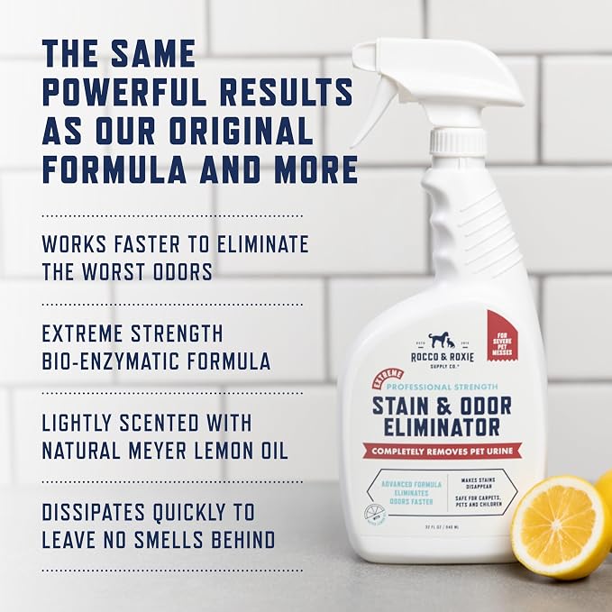 Rocco & Roxie Extreme Enzyme Stain & Odor Eliminator Spray | Bio-enzymatic + mineral formula; Meyer lemon scent; for carpets, bedding, litter boxes, crates, cars & laundry; made in USA