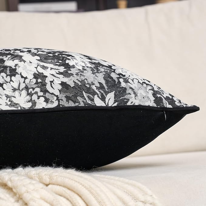 Alerfa Black Neutral Floral Pillow Cover 18 x 18 Inch, Vintage Chenille Square Couch Pillow Cover Soft Decorative Farmhouse Accent Pillowcase for Living Room Bedroom
