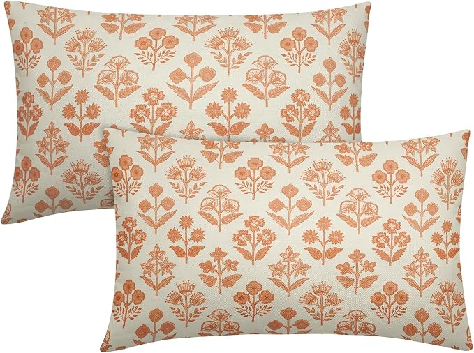 Orange Floral Pillow Covers 12x20 Inch Set of 2, Block Print Lumbar Flower Cream Decorative Throw Pillowcases Outdoor Farmhouse Rectangle Cushion Covers Spring Summer Sofa Couch Bed Decor