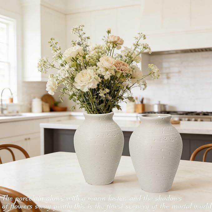 Ceramic Flower Vases Set of 2, 8.1 Inch Rustic Farmhouse Decorative Terracotta Vases for Home Decor, Table, Mantle, Fireplace, Living Room, Bathroom, Wedding Centerpiece Gifts for Women