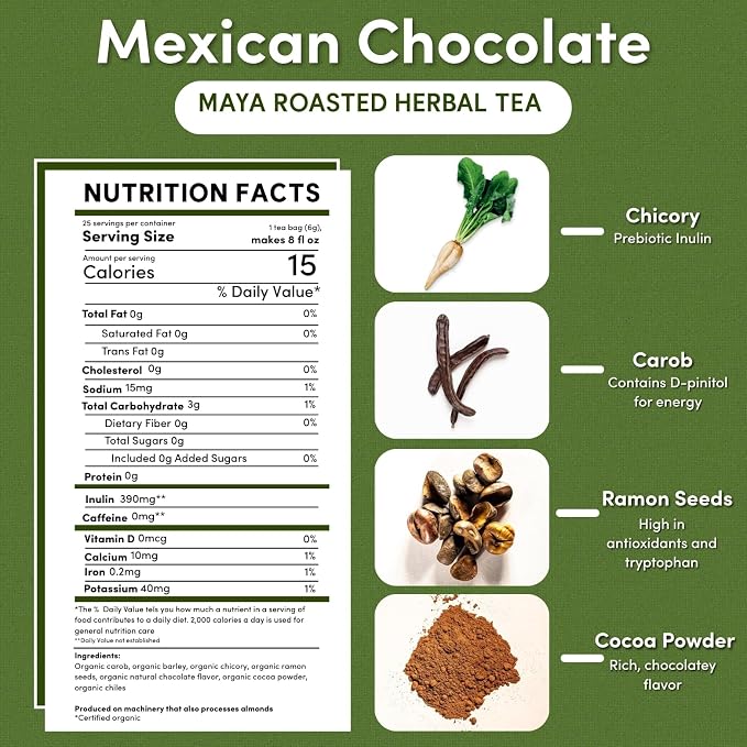 Teeccino Mexican Chocolate Herbal Tea - Rich & Roasted Herbal Tea That’s Caffeine Free & Prebiotic for Natural Energy, 25 Tea Bags