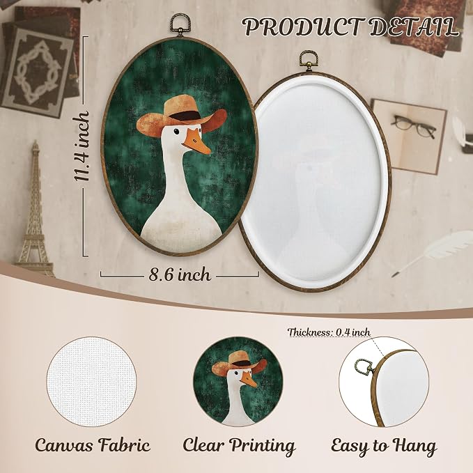 LKETW Vintage Western Silly Goose Oval Wall Art Decor, Farmhouse Cowboy Goose Oval Canvas Hanging Decor, Retro Western Farm Animals Wall Decorations for Home Bedroom Nursery Room, 8.6x11.4 Inch