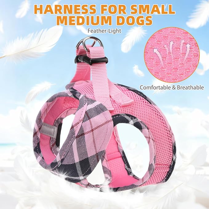 KOOLTAIL Small Dog Harness and Leash Set, Cute Pink Girl Puppy Harness, Step in No Pull Soft Mesh Pet Vest Harness Collar for Small Size Dogs Cats, Plaid Dog Halters for Outdoor Walking, Pink XS